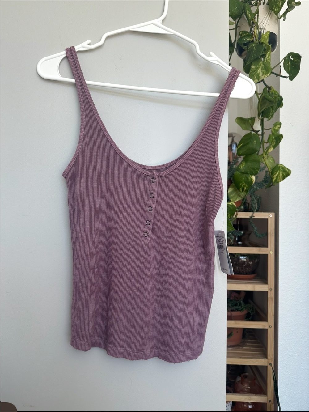 American Eagle Ribbed Button-Front Tank Top - Dusty Mauve